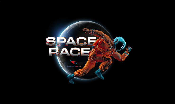 An astronaut in an orange suit depicted against a stylized Earth background, representing the theme of space exploration.